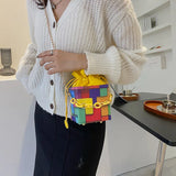 Graffiti Print Shoulder Bag Drawstring Chain Crossbody Square Bag