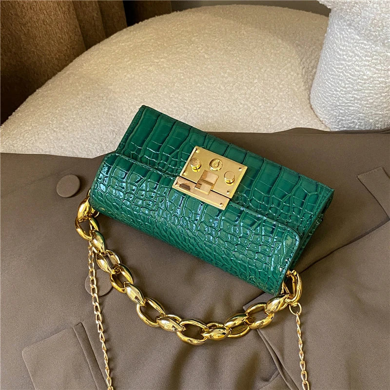 Vintage PU Leather Mini Square Handbags Ladies Chain Crocodile Pattern Bags