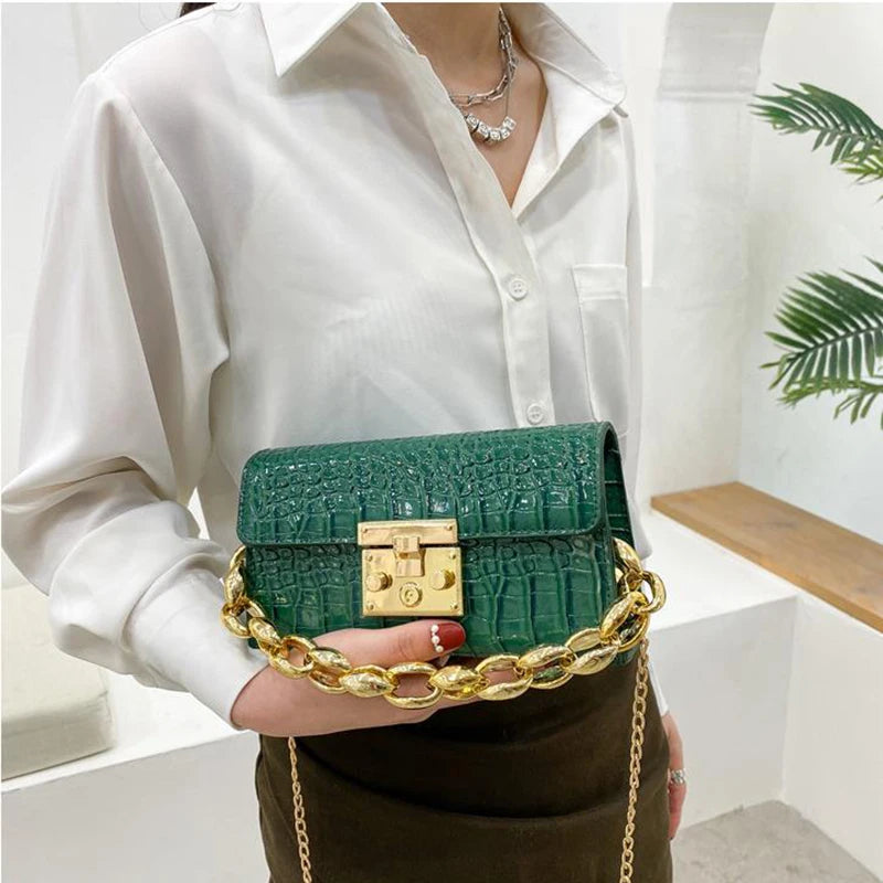 Vintage PU Leather Mini Square Handbags Ladies Chain Crocodile Pattern Bags