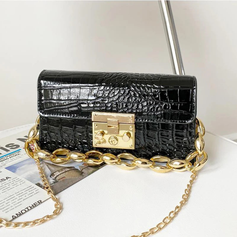 Vintage PU Leather Mini Square Handbags Ladies Chain Crocodile Pattern Bags