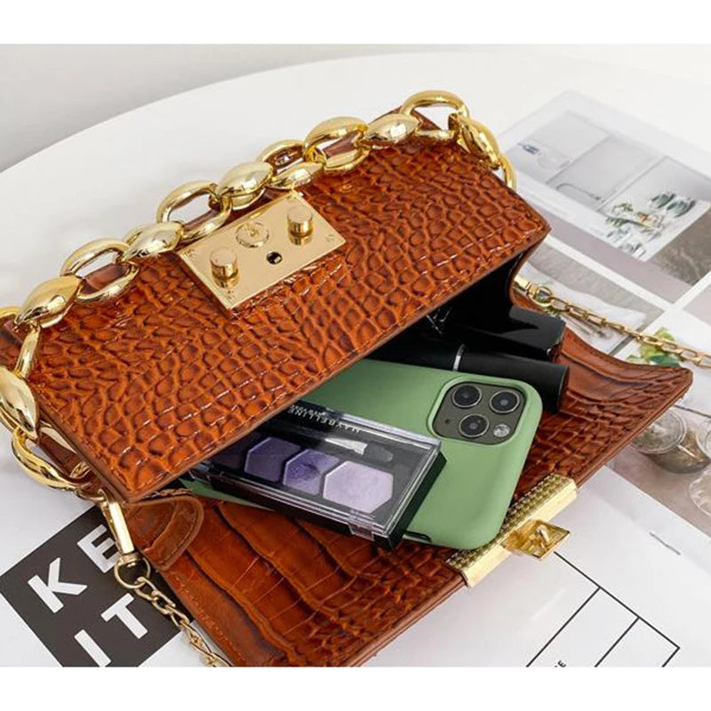 Vintage PU Leather Mini Square Handbags Ladies Chain Crocodile Pattern Bags