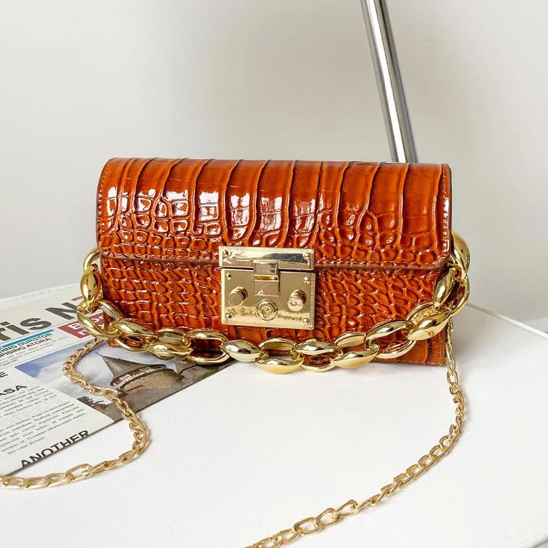 Vintage PU Leather Mini Square Handbags Ladies Chain Crocodile Pattern Bags