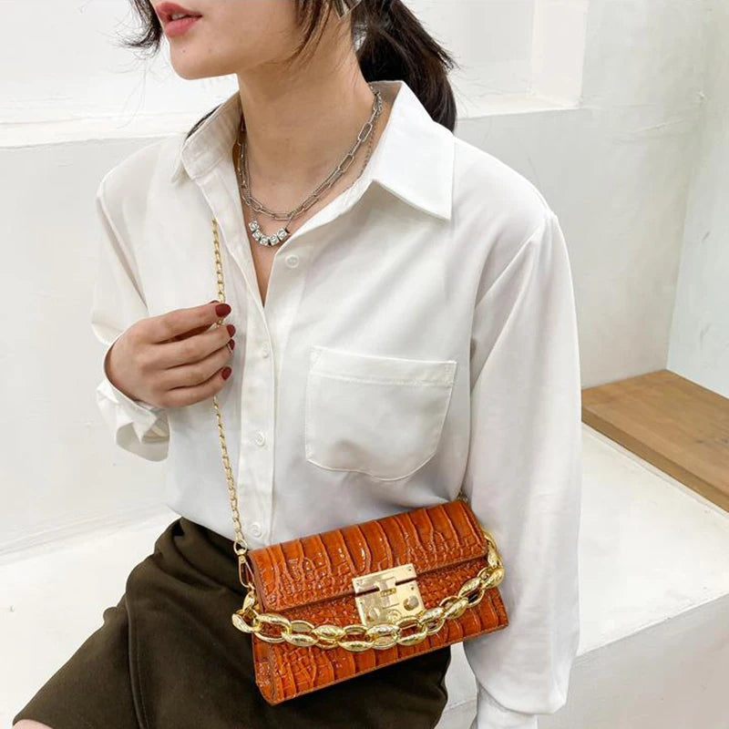 Vintage PU Leather Mini Square Handbags Ladies Chain Crocodile Pattern Bags