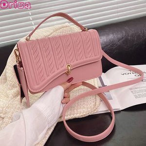 Female Stripe Shoulder Bag Lock Texture Mini Square Handbag