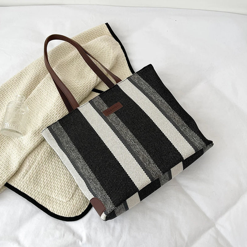 Large-capacity Women Shoulder Bags Vertical Stripes Casual Tote Handbags