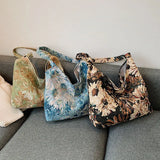 Portable Oil Painting Style Shoulder Bags For Female Canvas Underarm Handbags