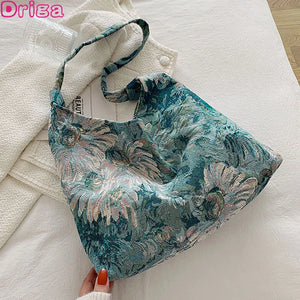 Portable Oil Painting Style Shoulder Bags For Female Canvas Underarm Handbags