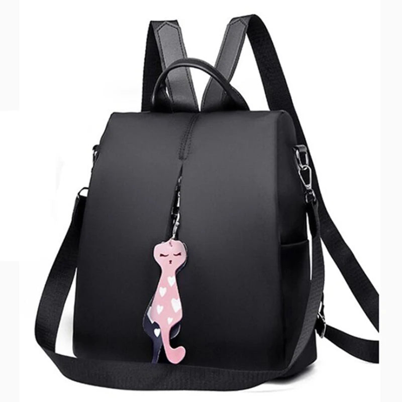 Women Backpack Oxford Bag Cat Pendant Travel Backpack