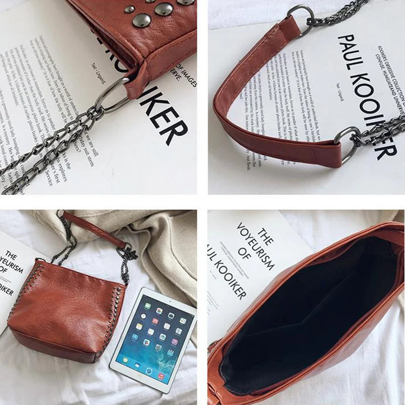 Vintage Bucket Shoulder Bags PU Leather Rivet Totes