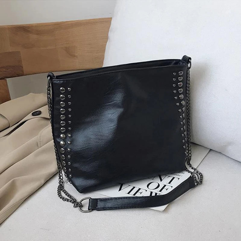 Vintage Bucket Shoulder Bags PU Leather Rivet Totes