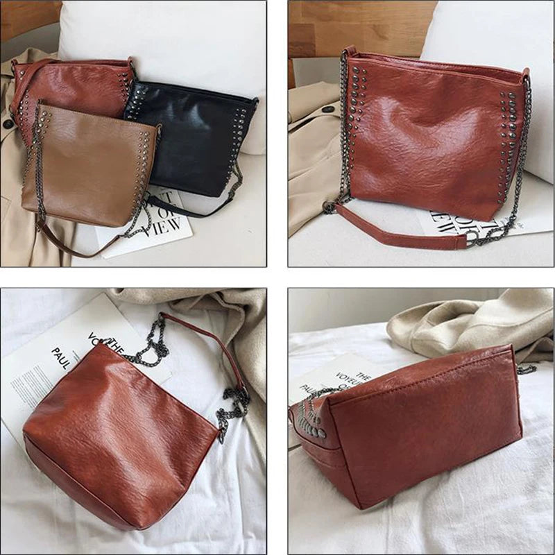 Vintage Bucket Shoulder Bags PU Leather Rivet Totes