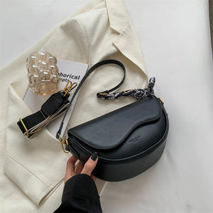 Solid Saddle Shoulder Bag Textured Crossbody Bag with Silk Scarf Decoration
