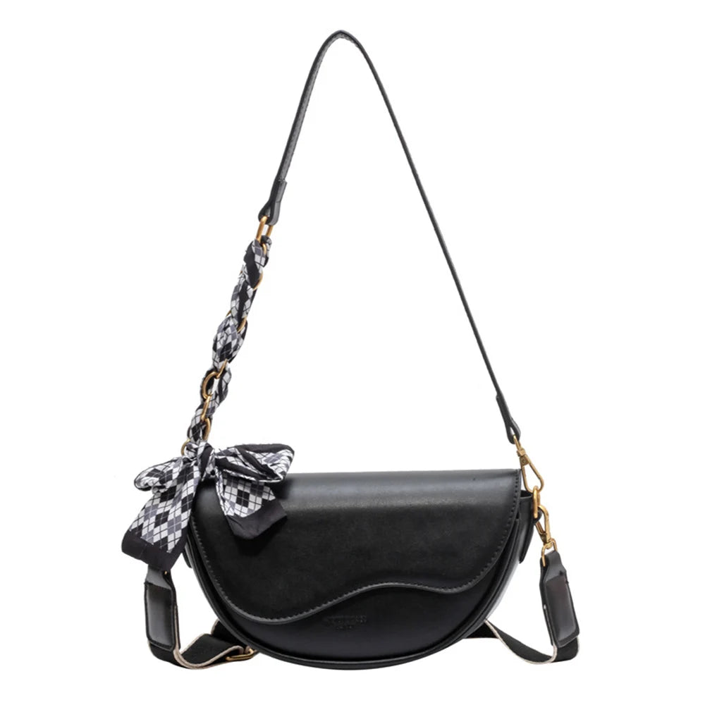 Solid Saddle Shoulder Bag Textured Crossbody Bag with Silk Scarf Decoration