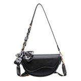 Solid Saddle Shoulder Bag Textured Crossbody Bag with Silk Scarf Decoration
