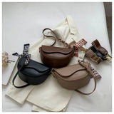 Solid Saddle Shoulder Bag Textured Crossbody Bag with Silk Scarf Decoration