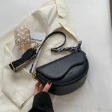 Solid Saddle Shoulder Bag Textured Crossbody Bag with Silk Scarf Decoration