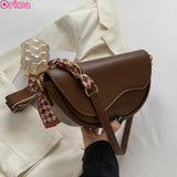 Solid Saddle Shoulder Bag Textured Crossbody Bag with Silk Scarf Decoration