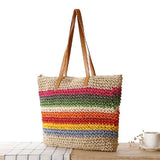 Rainbow Contrast Stripe Straw Shoulder Bag Beach Forest Women's Casual Handbag