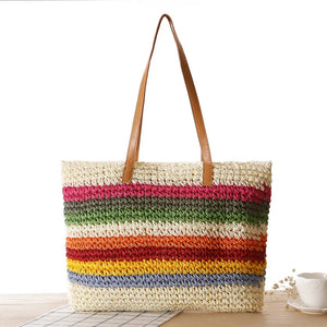 Rainbow Contrast Stripe Straw Shoulder Bag Beach Forest Women's Casual Handbag