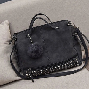 Nubuck Leather Handbags Rivet Women Bags Hair Ball Shoulder Messenger TopHandle