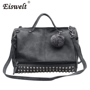 Nubuck Leather Handbags Rivet Women Bags Hair Ball Shoulder Messenger TopHandle