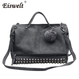 Nubuck Leather Handbags Rivet Women Bags Hair Ball Shoulder Messenger TopHandle