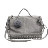 Nubuck Leather Handbags Rivet Women Bags Hair Ball Shoulder Messenger TopHandle