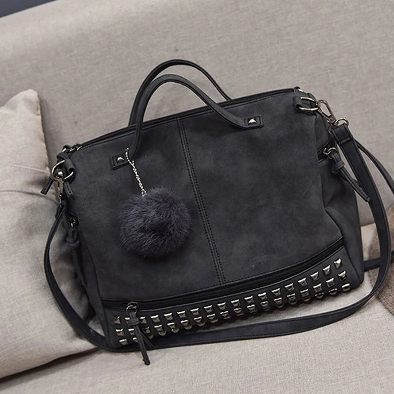 Nubuck Leather Handbags Rivet Women Bags Hair Ball Shoulder Messenger TopHandle