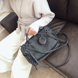 Nubuck Leather Handbags Rivet Women Bags Hair Ball Shoulder Messenger TopHandle