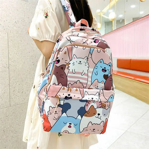 Girls' Waterproof Schoolbag with Cat Printing