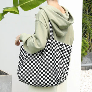 Casual Art Canvas Handbag for Women Printed Tote Plaid Shoulder