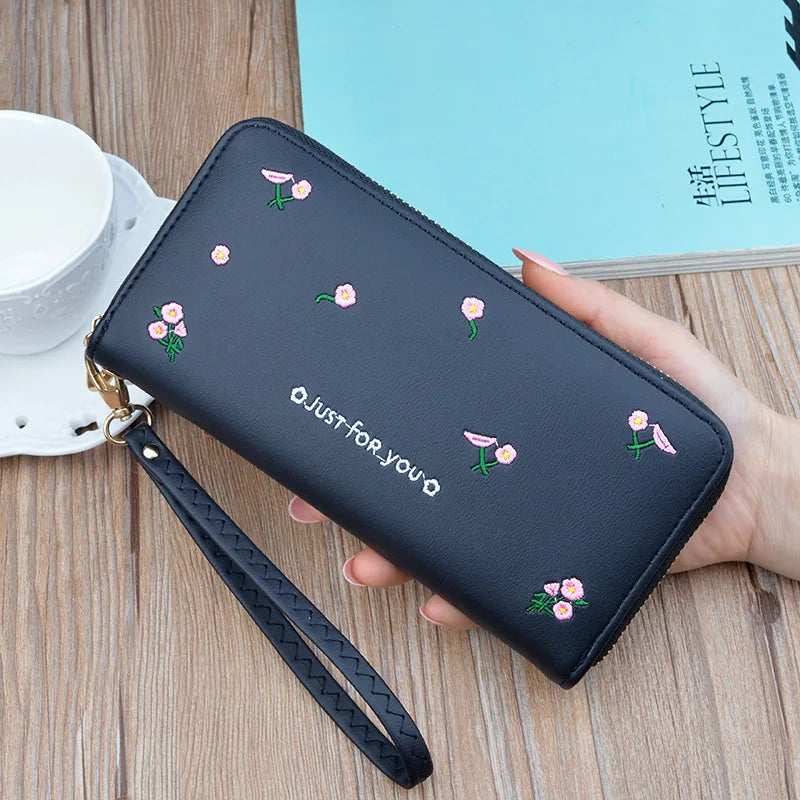 Embroidered Long Zipper Wallet Soft Leather Handbag for Women