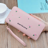 Embroidered Long Zipper Wallet Soft Leather Handbag for Women