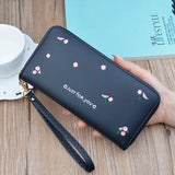 Embroidered Long Zipper Wallet Soft Leather Handbag for Women