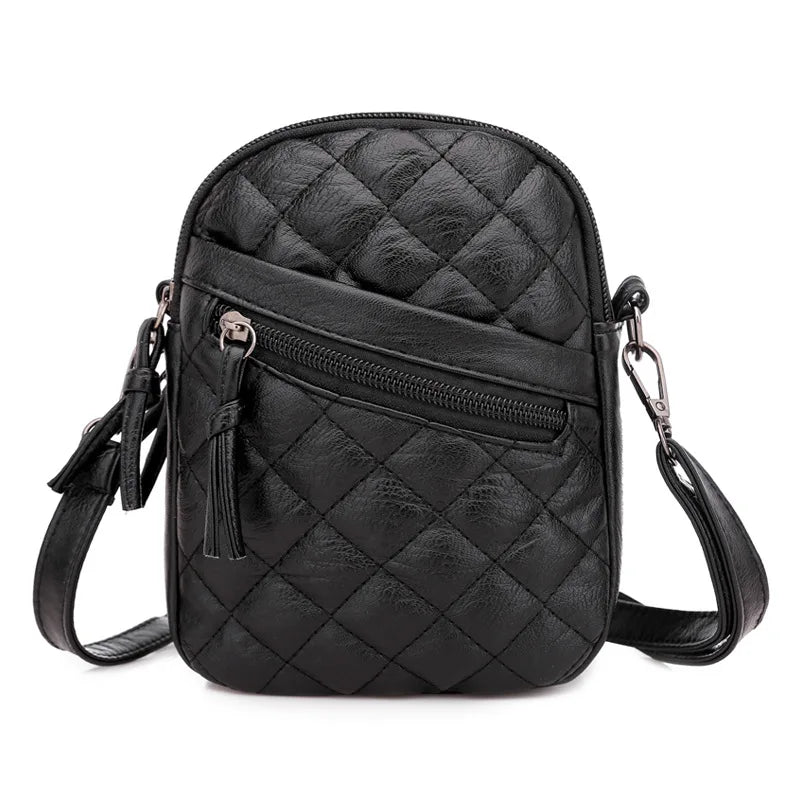 Women's Small Leather Shoulder Bag Diamond Embroidery Retro Mobile Phone Bag