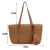 Women's Straw Bag Hand Woven Beach Tote with Tassel Crochet Handbag