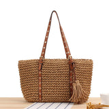 Women's Straw Bag Hand Woven Beach Tote with Tassel Crochet Handbag
