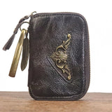 Cowhide Leather Car Key Holder Bag w/ 6 Hooks & Zipper