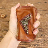 Cowhide Leather Car Key Holder Bag w/ 6 Hooks & Zipper