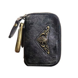 Cowhide Leather Car Key Holder Bag w/ 6 Hooks & Zipper