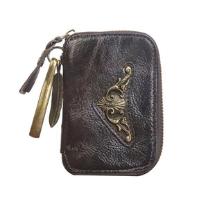 Cowhide Leather Car Key Holder Bag w/ 6 Hooks & Zipper