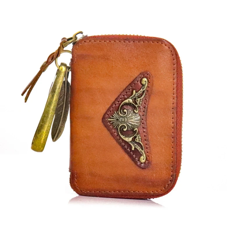 Cowhide Leather Car Key Holder Bag w/ 6 Hooks & Zipper