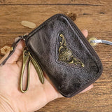 Cowhide Leather Car Key Holder Bag w/ 6 Hooks & Zipper