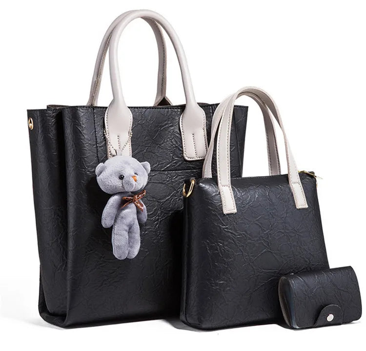 Women Leather 3 Piece Shoulder Crossbody Bag Clutch Wallet Retro Bag Set