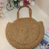 Duzeala Round Straw Beach Bag for Women, Handwoven Tote Bag with Pom Pom Tassel