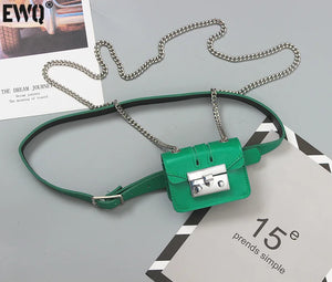 Silver Green Mini Flap Waist Bag PU Leather Chain Crossbody Lipstick