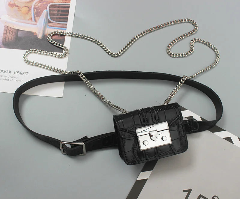 Silver Green Mini Flap Waist Bag PU Leather Chain Crossbody Lipstick