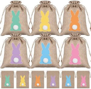 Easter Drawstring Bags, Bunny Print Burlap Bags for Baby Shower Wedding Party