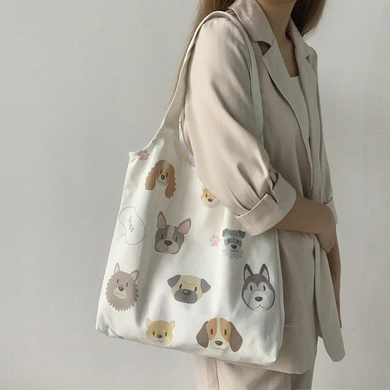 Dog Cartoon Canvas Tote Bag Eco-Friendly Woman Shoulder Bag