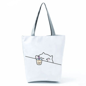 Cartoon Milk Tea Print Tote Bag Eco Friendly Shopping Beach Travel Shoulder Bag